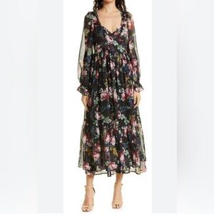 BY TIMO Black floral‎ sheer balloon sleeve wrap dress size M